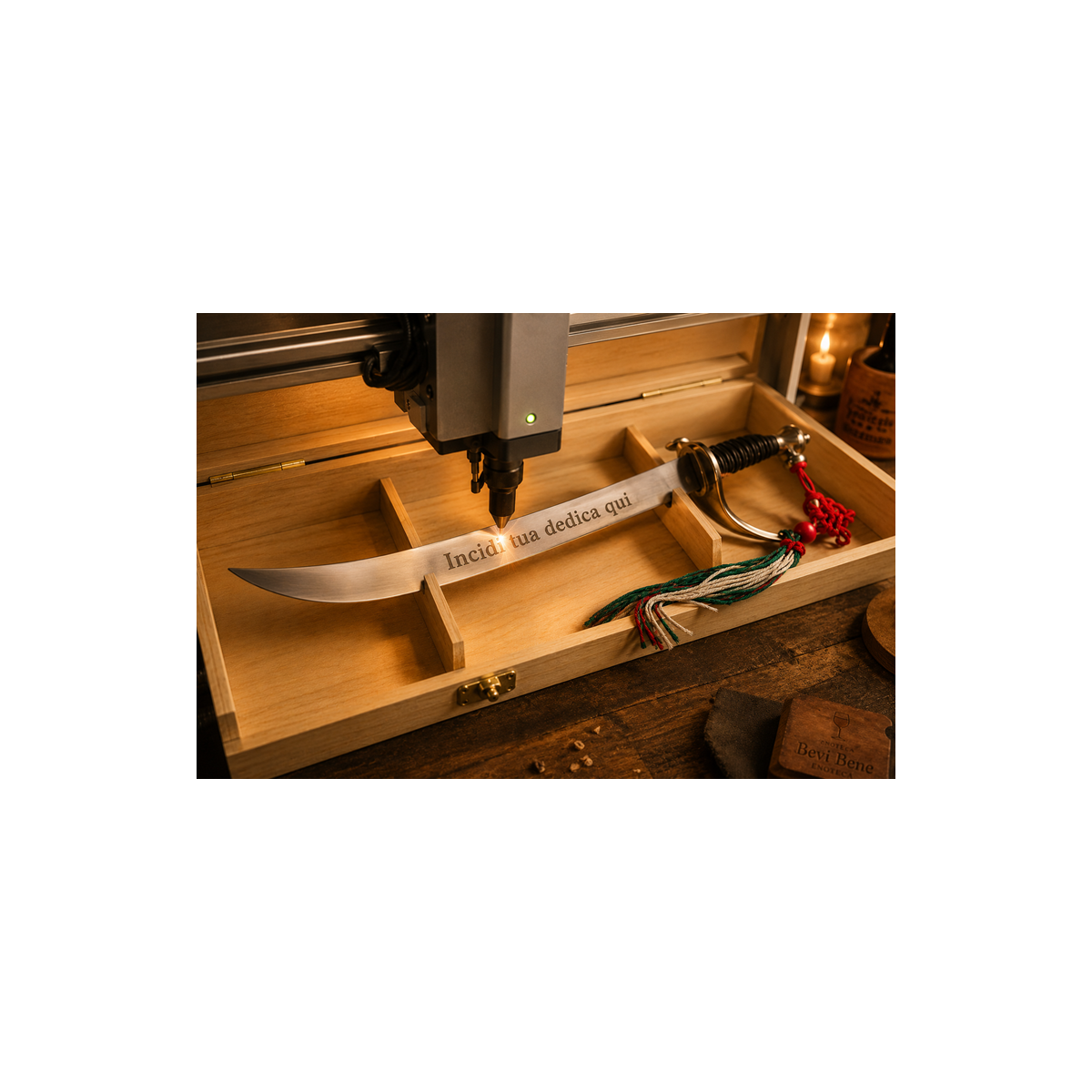 Sciabola del Sommelier Classica con Nappina Tricolore in Cassetta di Legno + Incisione Laser Personalizzata - Enoteca Bevi Bene