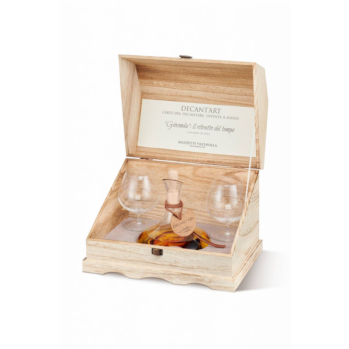 Mazzetti d'Altavilla - Grappa invecchiata in Decant'art dipinto a mano Gioconda Leonardo da Vinci + 2 Calici Ballon 0,70 lt. + Box Legno