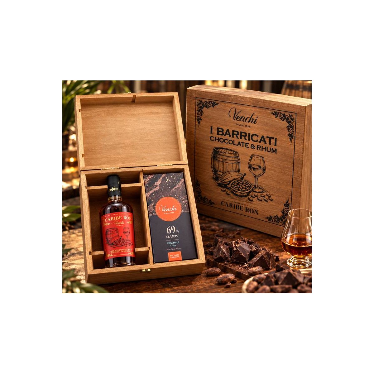 Venchi - Confezione Chocolate e Rhum I Barricati con Carribe Ron + 2 Tavolette Cioccolato + Box Legno