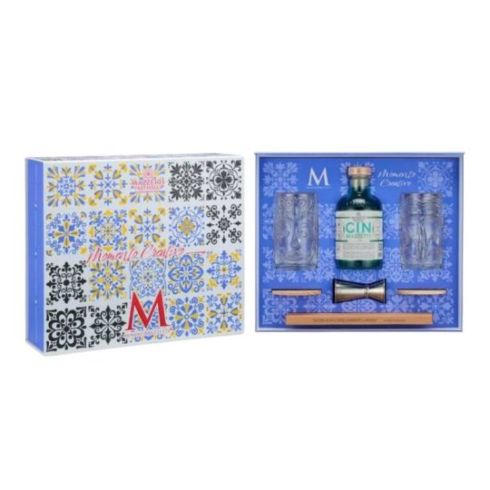 Mazzetti d'Altavilla - London Dry Gin Mazzetti + 2 Tumbler Tiki + Jigger + Cannucce metallo Momento Creativo 0,50 lt. Maioliche Edition