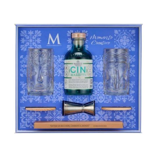 Mazzetti d'Altavilla - London Dry Gin Mazzetti + 2 Tumbler Tiki + Jigger + Cannucce metallo Momento Creativo 0,50 lt. Maioliche Edition