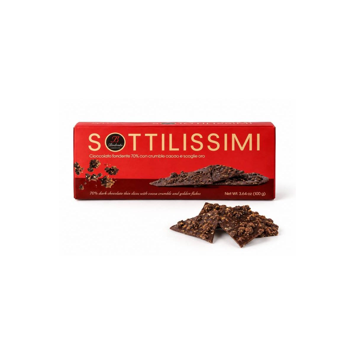 Bodrato - Tavoletta di Cioccolato Fondente con Crumble al Cacao e Scaglie d'Oro Sottilissimi 160 gr.