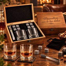 Set Degustazione Whisky con 2 Bicchieri, 8 Pietre Refrigeranti e Cofanetto in Legno Personalizzabile con Incisione Laser