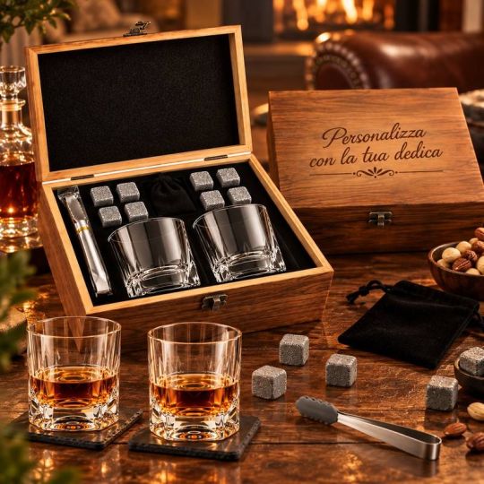 Set Degustazione Whisky con 2 Bicchieri, 8 Pietre Refrigeranti e Cofanetto in Legno Personalizzabile con Incisione Laser