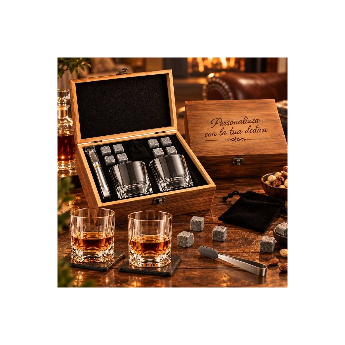 Set Degustazione Whisky con 2 Bicchieri, 8 Pietre Refrigeranti e Cofanetto in Legno Personalizzabile con Incisione Laser