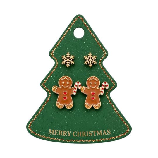Christmas jewellery Orecchini Natalizi a Forma di Omino di Pan di Zenzero con Fiocchi di Neve Dorati - Enoteca Bevi Bene