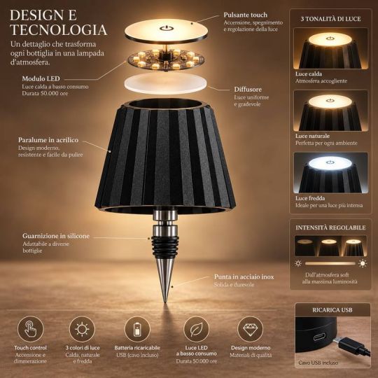 Lampada LED da Bottiglia Ricaricabile Touch Dimmerabile