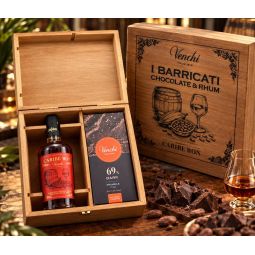 Venchi - Confezione Chocolate e Rhum "I Barricati" con Carribe Ron  + 2 Tavolette Cioccolato + Box Legno - Enoteca Bevi Bene