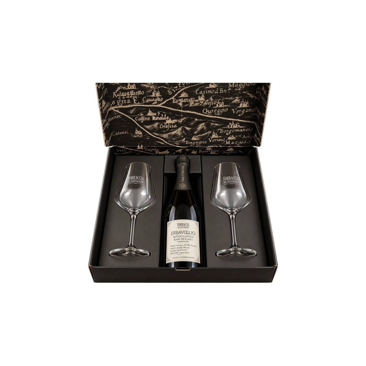 Torraccia del Piantavigna - Confezione regalo con 2 Calici e Metodo Classico Erbavoglio Blanc de Blancs Dosaggio Zero 0,75 lt.